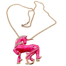 Unicorn Pendant Necklace 28" Rose Gold Plated Pink Enamel Brooch Fantasy Magical