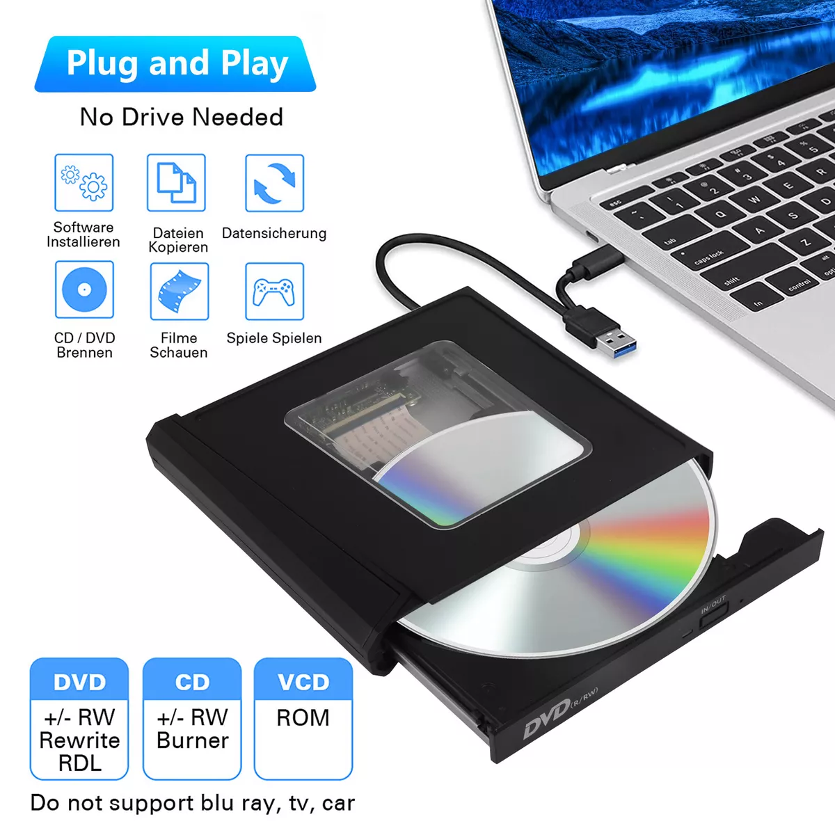 7-in-1 External CD DVD Drive for Laptop, EEEkit USB 3.0 USB C
