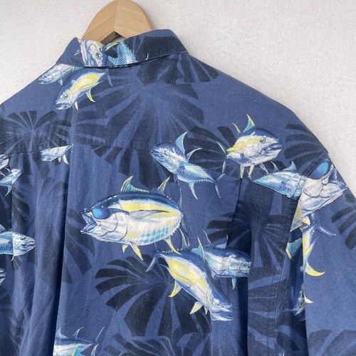 COLUMBIA Shirt Mens L River Lodge Tuna Fish Print Button Up Short Sleeve Blue - Picture 9 of 12