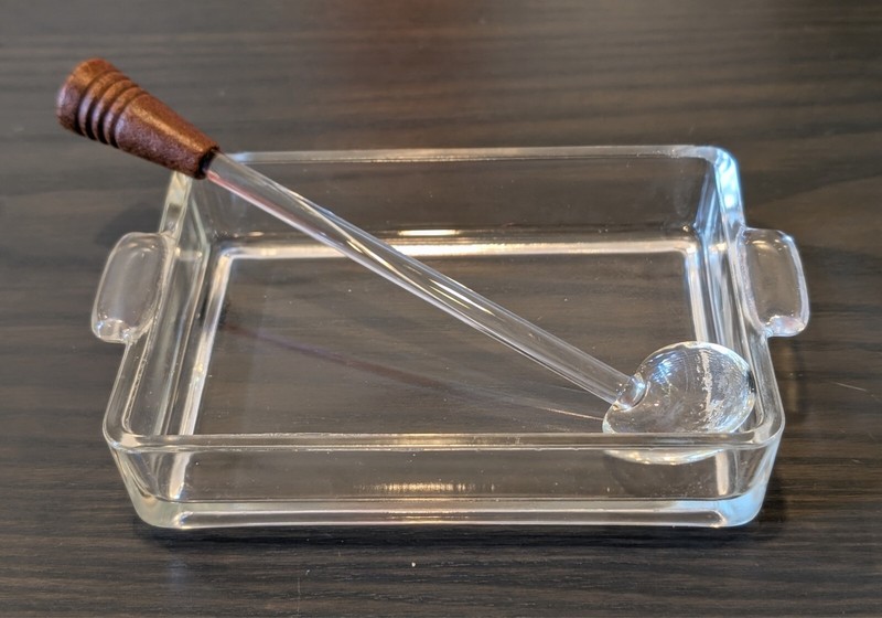 Vintage Glass Condiment Tray w/Glass + Wood Spoon - Good Condition - Mid-Century