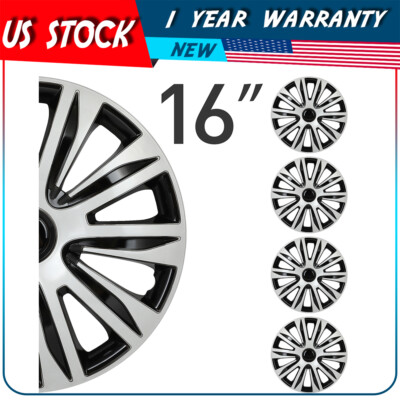 Full 4 Pcs Gloss Black & Silver Hubcaps Rim 16'' Wheel Cover For All Makes Models