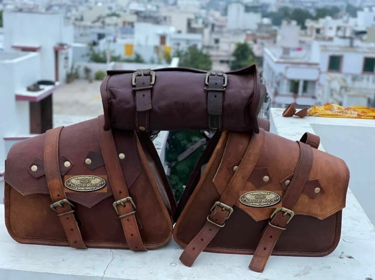 Goat Leather Saddle Brown Motorcycle Panniers Saddlebags Bags Side Pouch Crazy