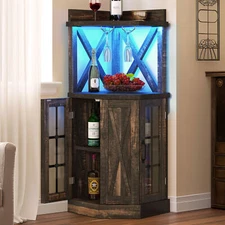 53" Barn Style Corner Wine Bar Cabinet Liquor Display Storage w/ Stemware Racks