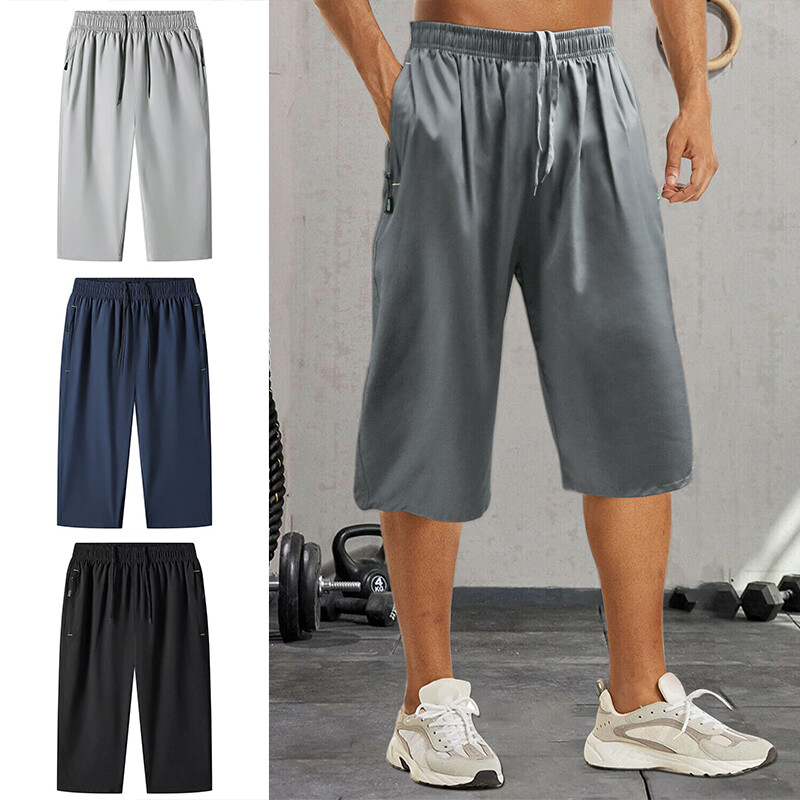 Men's Workout Gym Shorts Quick Dry 3/4 Capri Pants Zipper