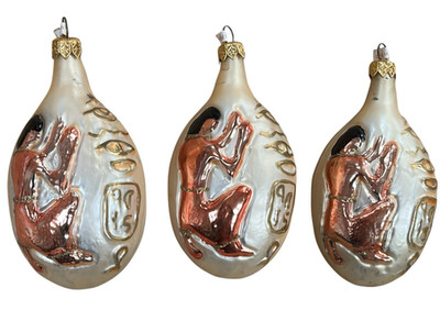 Set/3 Egyptian Scribe Pharaoh Hieroglyphs Raised Relief Glass Ornaments Poland