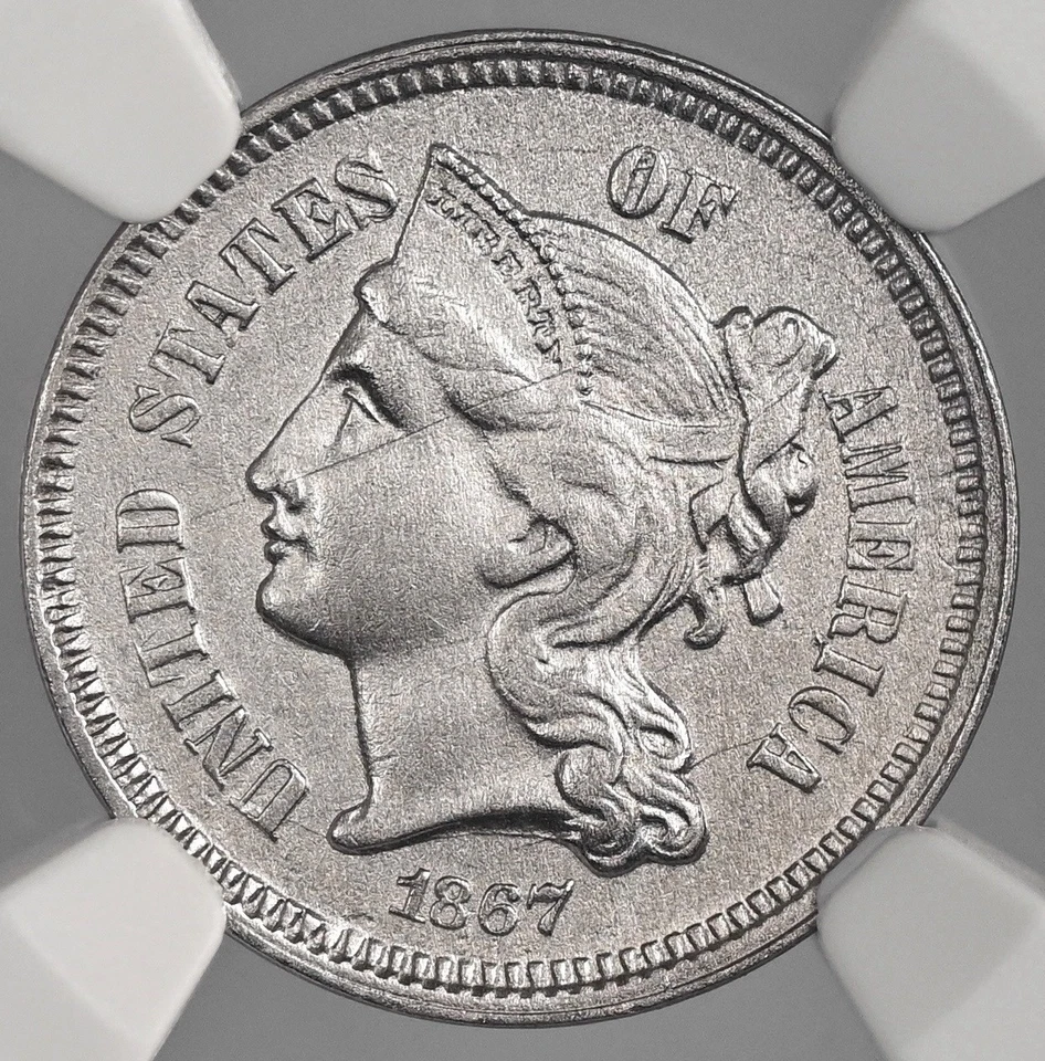 1867  3CN THREE CENT NICKEL  NGC AU DETAILS "CLEANED" (SCRATCH)   #8404746-036 - Image 2 of 4