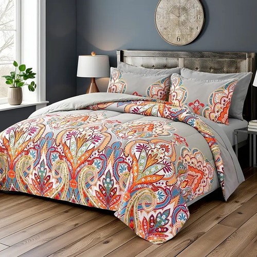 Comforter Set, Boho Pattern, Gray with Rainbow Floral- Size FULL - Foto 1 di 8