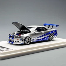 FH 1/64 Scale Nissan GT-R R34 FNF Silver/Blue Diecast Car Model Gift Toy