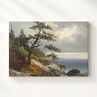 Enduring Coastline Canvas Vertical Rocky Seascape With Lone Pine & Gray Sky Wall