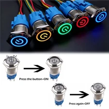 2PC Latching Push Button Power Switch 16mm 12V LED ON OFF Waterproof Stainless