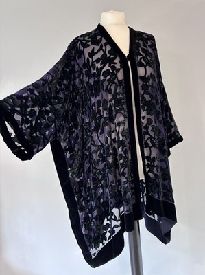 Hampstead Bazaar blau grün handbemalt Ranken Seide Samt Devore langer Kimono Jacke