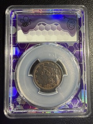 1854 1/2c Braided Hair Half Cent Coin, PCGS AU Details beautiful Purple Core