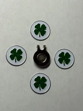 (4) 4-Leaf Clover Good Luck Irish 1" Coin Style Golf Markers With Bonus Hat Clip