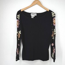 Vtg Crochet Floral Long Sleeve Knit Top Womens Size L Granny Open Knit Boho