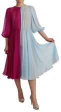 Dolce & Gabbana Fuchsia Light Blue Silk Two Tone Midi Women's Dress Authentic