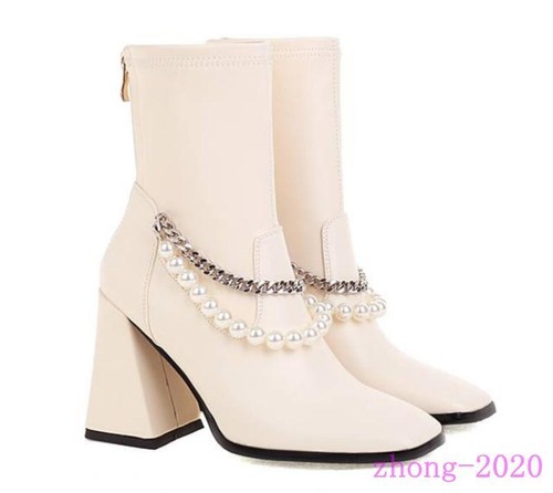 Botas al tobillo informales de tacón ancho con punta cuadrada para mujer con cremallera cadena decoración de perlas zapatos - Imagen 6 de 10