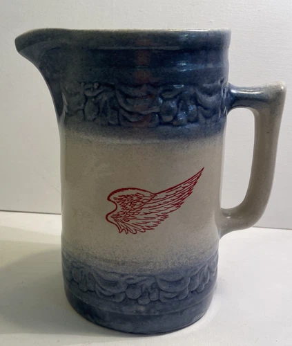 Vintage Red Wing Stoneware Cherry Band Blue/Cream Glazed Pitcher  7 1/2”