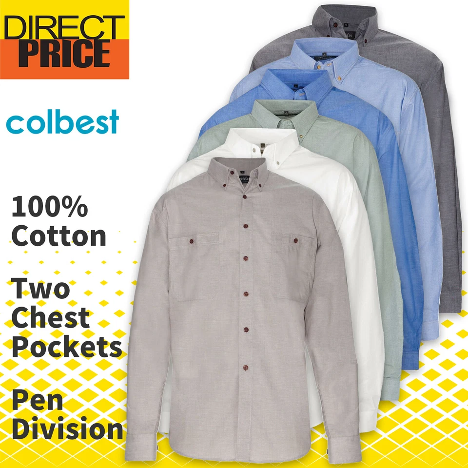 Mens Chambray Shirts Cotton Casual Business Down Blue Charcoal Work Uniforms