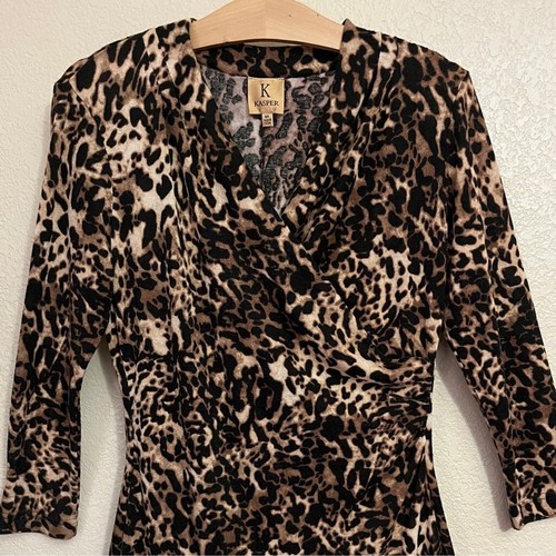Kasper Wrap Ruched Leopard Animal Print 3/4 Sleeve Wrap Dress Women’s Medium - Picture 4 of 8
