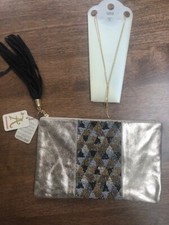 Accessorize gold leather and beaded clutch bag and M&S gold plated necklace New