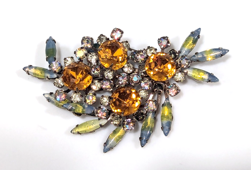 Vintage Strass Brosche Givre Glas blau gelb orange LESEN