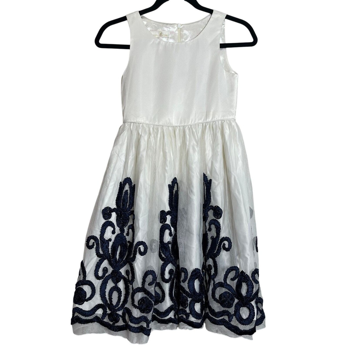 American Princess Satin Cream Textured Navy Blue Girls Sz 10