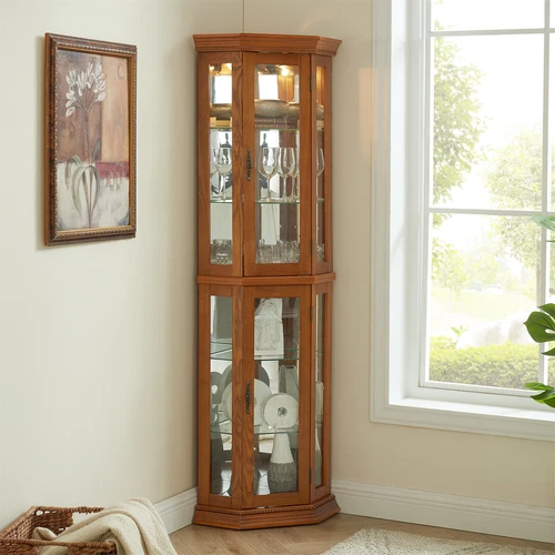 6 Shelf Corner Curio Display Cabinet,69.49"H Lighted Wooden Bar Glass Cabinet - Picture 5 of 47