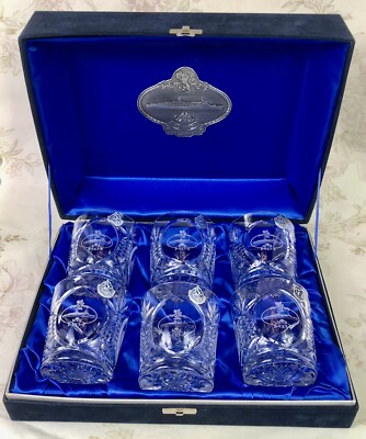 QE2 Kristallglas Becher Set x 6, Gläser, Cunard, Glencairn, verpackt, 1980er