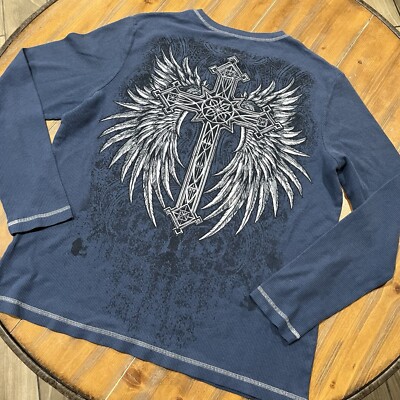 No Boundaries Shirt 2XL Blue thermal Long Sleeve Cross Skull