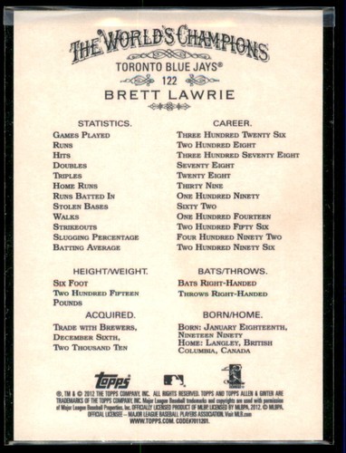 2012 Topps Allen & Ginter Brett Lawrie RC #122 Toronto Blue Jays - Picture 2 of 2