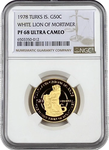 1978 White Lion of Mortimer Turks Islands Gold 50 Crowns Proof Coin NGC PF 68 UC