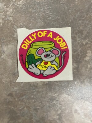 Vintage 1980 s scratch n sniff trend sticker Dilly Of A Job mouse and pickle jar