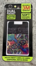 Phone Wallet 3M Adhesive Stick On Reusable Dual Pocket for Cell Phones Skull