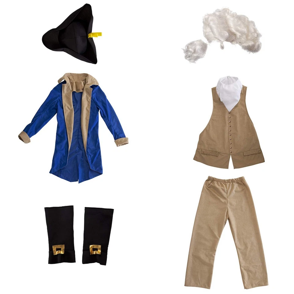 Peluca Disfraz George Washington Niños Presidente de Estados Unidos Conjunto Patriótico Colonial Foto 3 de 4