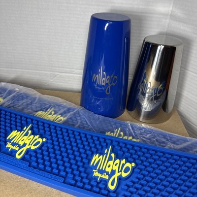 Tequila Milagro 2 Bar Mats And Blue Stainless Steel Shaker Brand New In Box