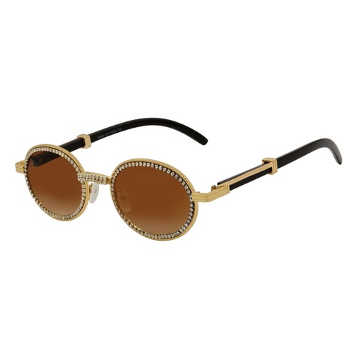 BLING ONE - Rhinestone Retro 90s Round Metal Oval Sunglasses Gold Amber - Picture 2 of 10