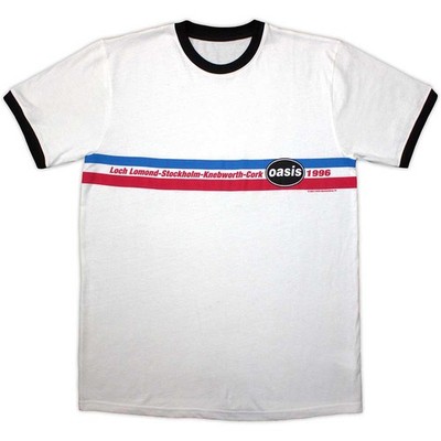 Oasis '1996 Tour Horizontal Stripes' (White & Black) Eco Ringer T-Shirt - NEW