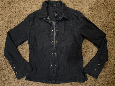 Gap Stretch Women's Medium Dark Navy Camp Pearl Snap Closure Light Denim Jacket