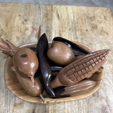 Vintage Hand Carved Wooden Bowl W/ 12 Pieces Fruit And Vegetables Made In Conco