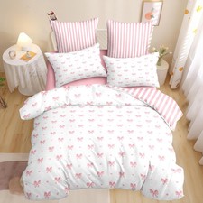Bow Duvet Cover Full Size Pink Heart Striped Bedding Set Cute Love Heart Prin...