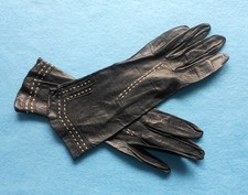 Vintage Ladies Black Leather Gloves Trimmed in White Stitching Size Unnown