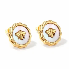 Gold Bee Stud Earrings Mother-of-Pearl Coin | Hypoallergenic Stainless Steel
