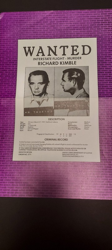 The Fugitive TV series Richard Kimble Wanted Poster, 11” x 17”
