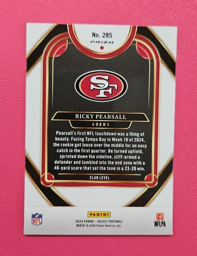 Ricky Pearsall 49ers - 2024 Select - Club Level Red & Yellow Shock Prizm 285 RC - Picture 2 of 2