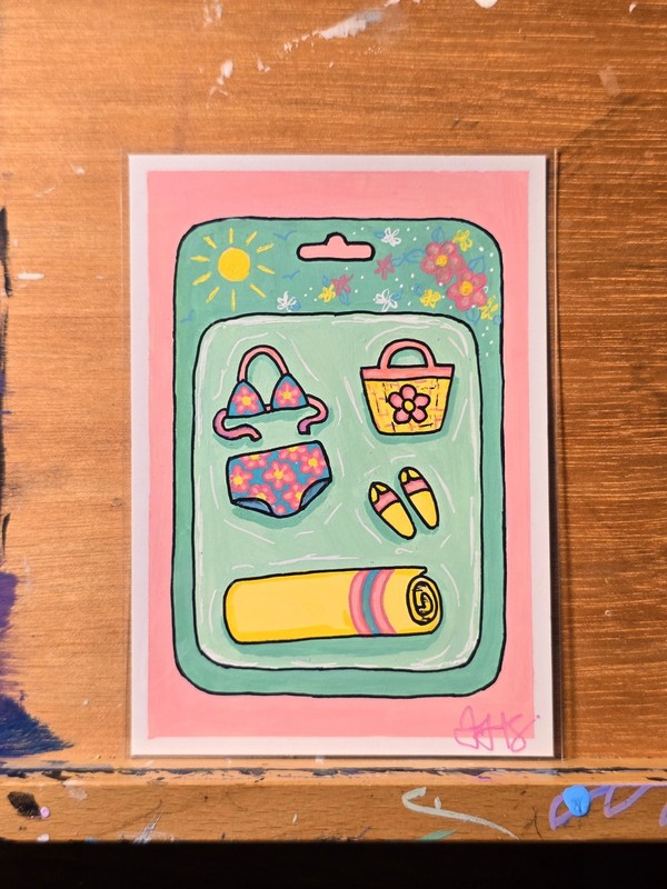 "Day at the Beach" Original Nostalgic Fashion Pack drawing OOAK by Tierra Cruz 