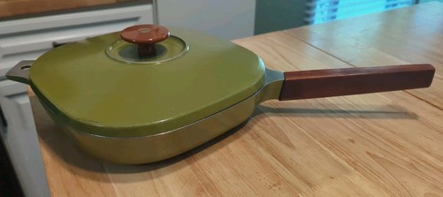 Vintage Jcpenney Lg Alluminio Quadrato Padella Verde Oliva Pentole Manico Legno - Foto 3 di 19