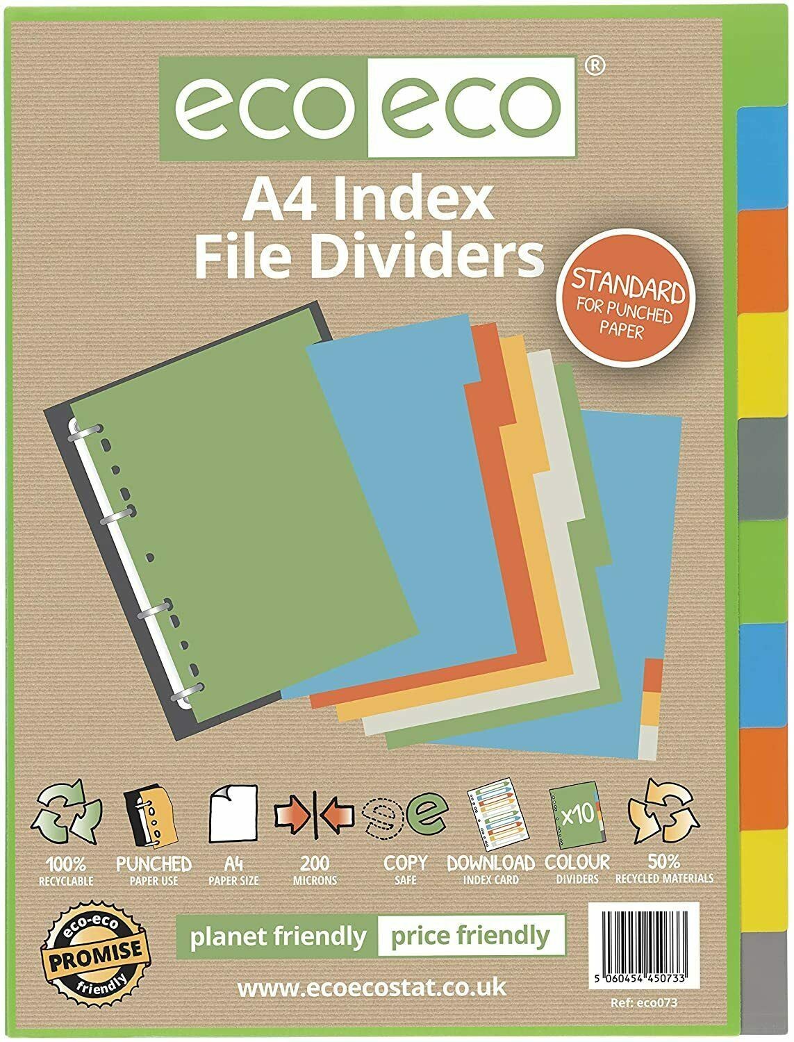 eco-eco A4 10 Part File Dividers 50% Recycled Plastic Assorted Colour Tabs X 4