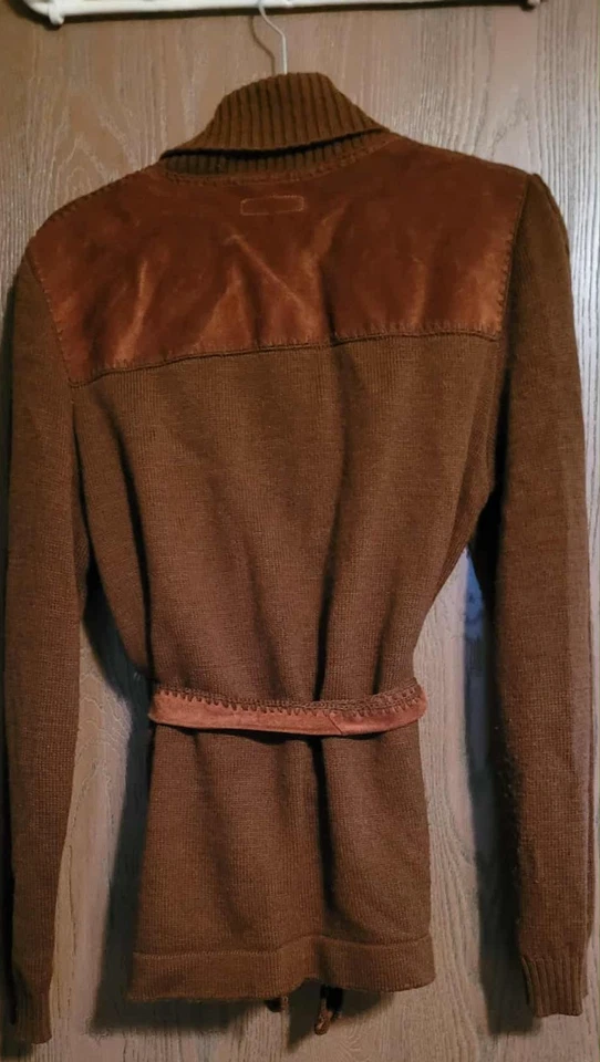 Suéter Vintage J Crew Marrón Gamuza Tejido Bordado Retazos Cinturón Jkt/Tarjeta LG Foto 2 de 4