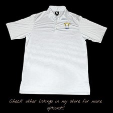 FootJoy FJ Golf Logo GOAT Embroidered Polyester White Blue Stripe Polo Shirt - M