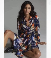 Anthropologie Maeve Mini Nautical Navy Shirtdress XL Tie Waist Celestial Coastal